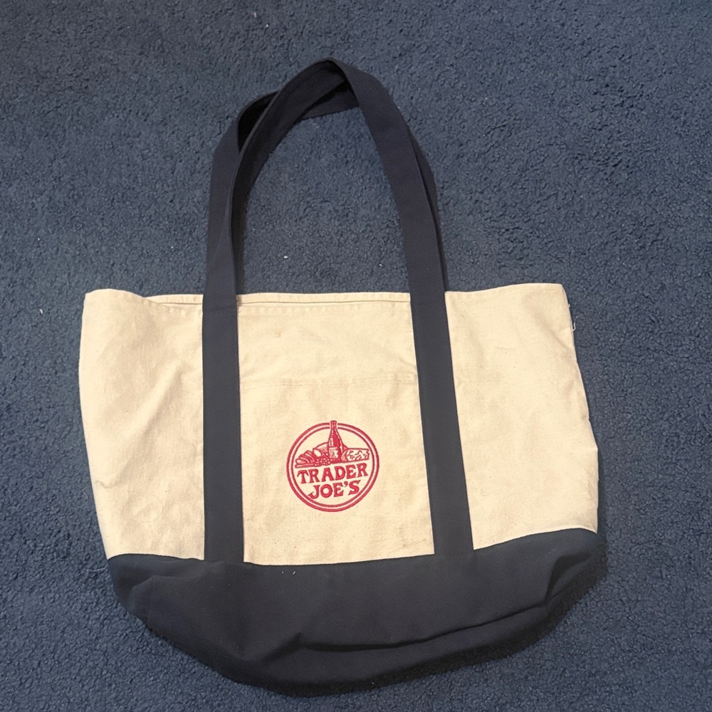 Trader Joe's Large Canvas Tote Bag in Natural and Navy Blue